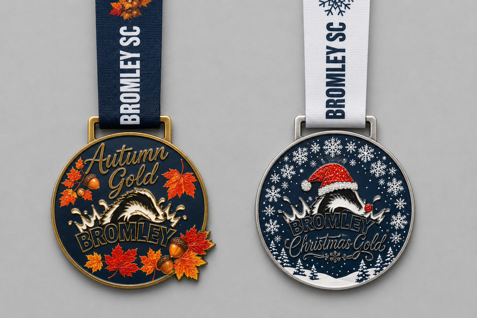 Bespoke Bromley Swimming Club Autumn Gold and Christmas Gold medals with custom ribbons