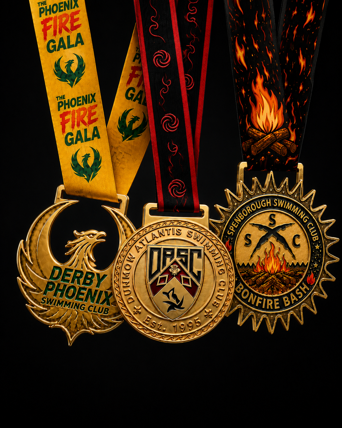 Three bespoke GoPodium gold medals with fully printed custom ribbons
