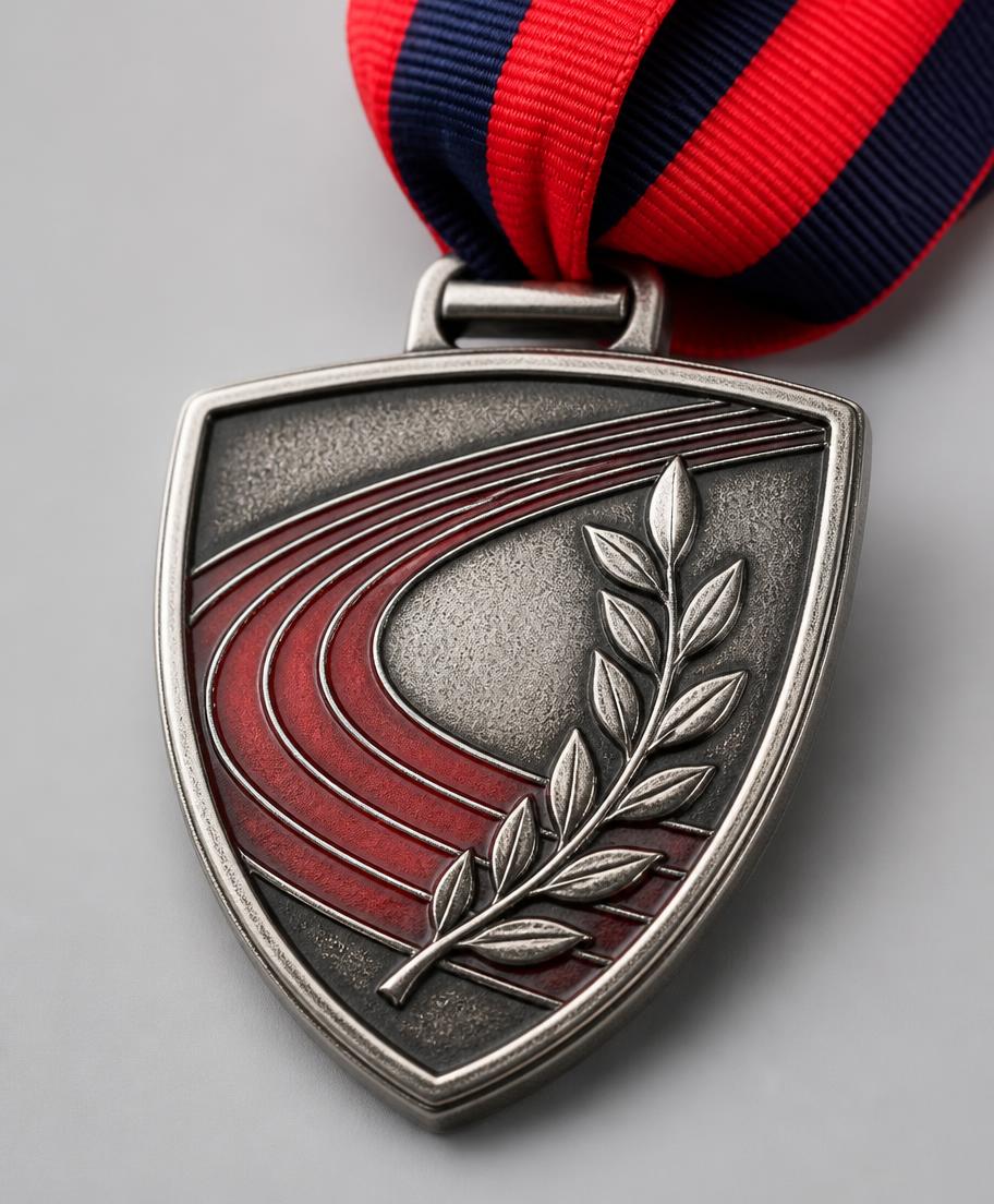 Custom school sports day medal with school crest and house colour ribbon