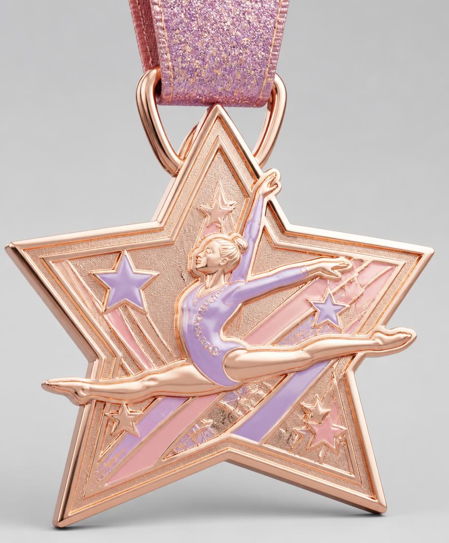Custom gymnastics medal with sculpted gymnast figure and printed club ribbon